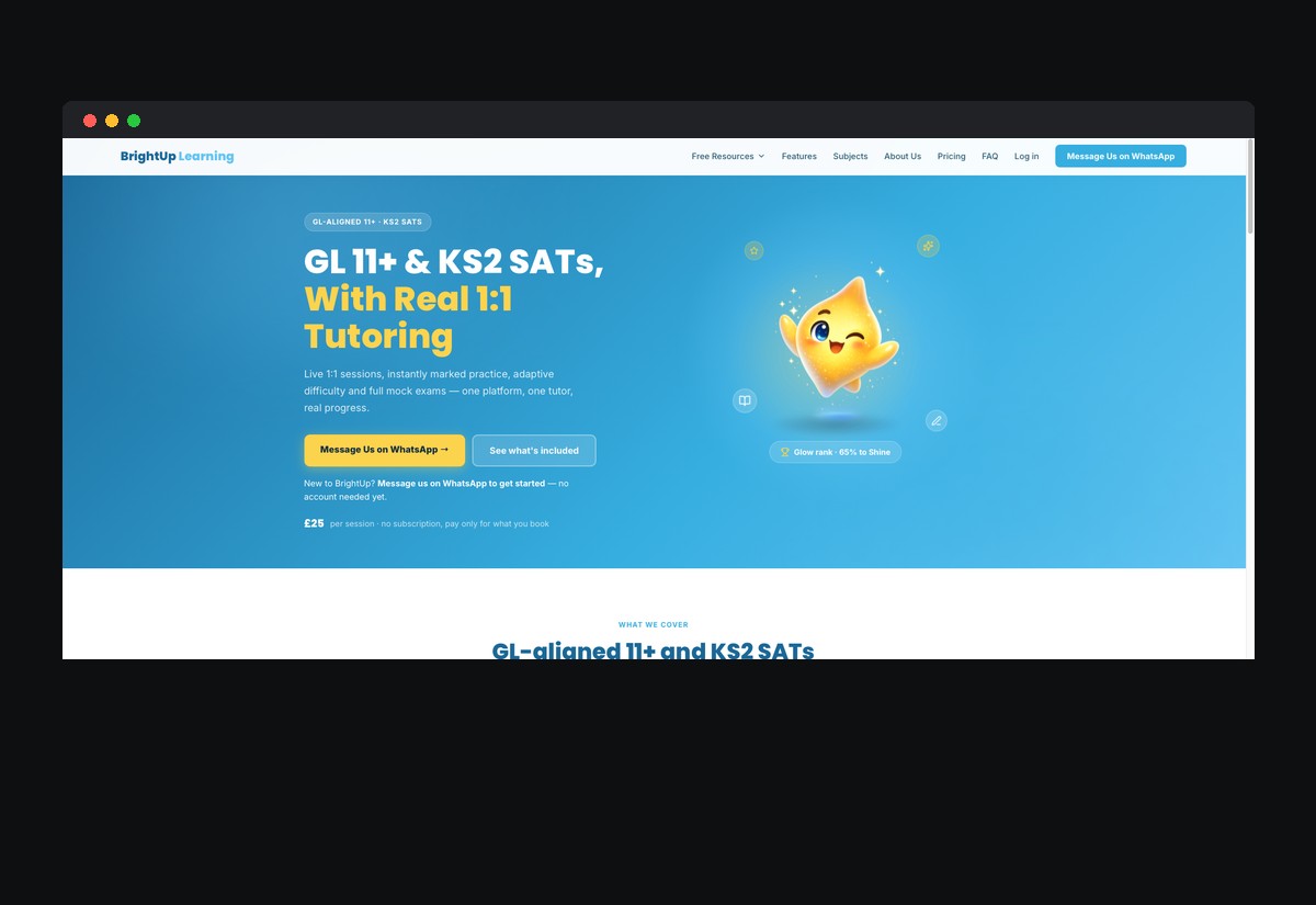 The BrightUp Learning homepage, showing the 11+ and KS2 SATs tutoring hero section